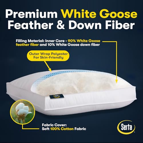 Serta Hotel Collection Pillows Queen Size Set of 2 White Goose Feather Down Fiber Gusseted 100% Cotton Pillow for Back, Stomach or Side Sleepers