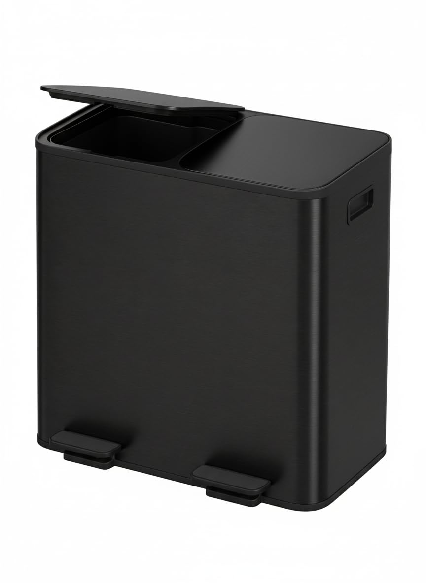 Garvee Double Trash Can, 2 x 10.6 gal (2 x 40 L) Garbage Can for Kitchen Dual Compartment Recycling Kitchen Step Trash Bin, Stainless Steel Trash and Recycle Bin Combo with Soft-Close Lid,Black