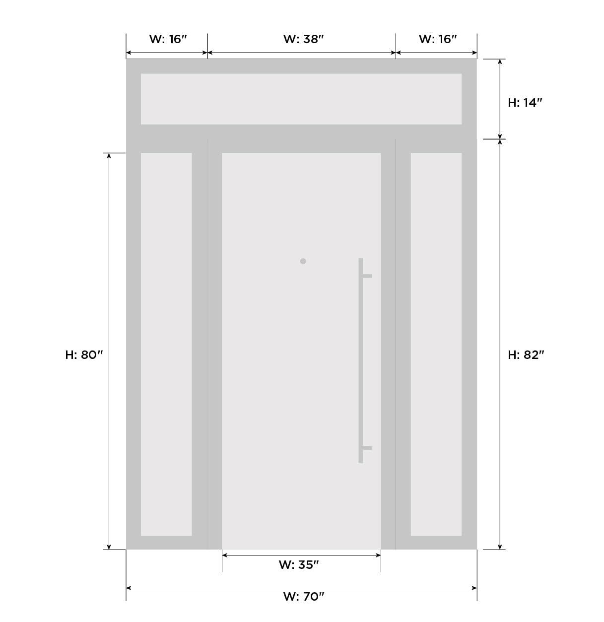 VDOMDOORS Front Exterior Prehung Metal-Plastic Door Frosted Glass | Manux 8112 Matte Black | 2 Side, Top Sidelite Transom | Doors Entrance Patio Garage 68 x 94 (W16+36+16 x H80+14) Right-Inswing