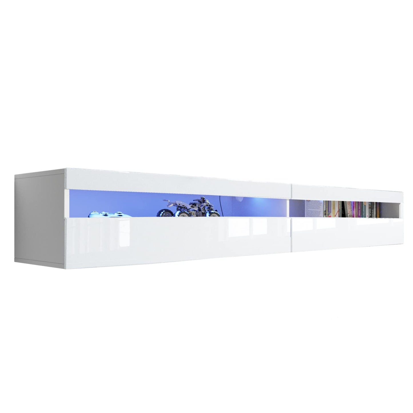 EXQUAL Solid Wood Floating TV Stand, Wall Mounted TV Shelf with Led Lights & Power Outlet, 71" Modern Entertainment Center Media Console with Storage, High Gloss TV Cabinet for 65/75/80 inch TV