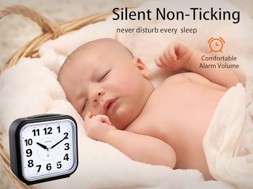 Tinload 5.5" Large No Ticking Analog Alarm Clock,Silent Readable for Seniors,Easy to Set,Gradual Rise Alarm,Big Numbers,Gentle Wake,Snooze, Lighted on Demand,Battery Operated,Black
