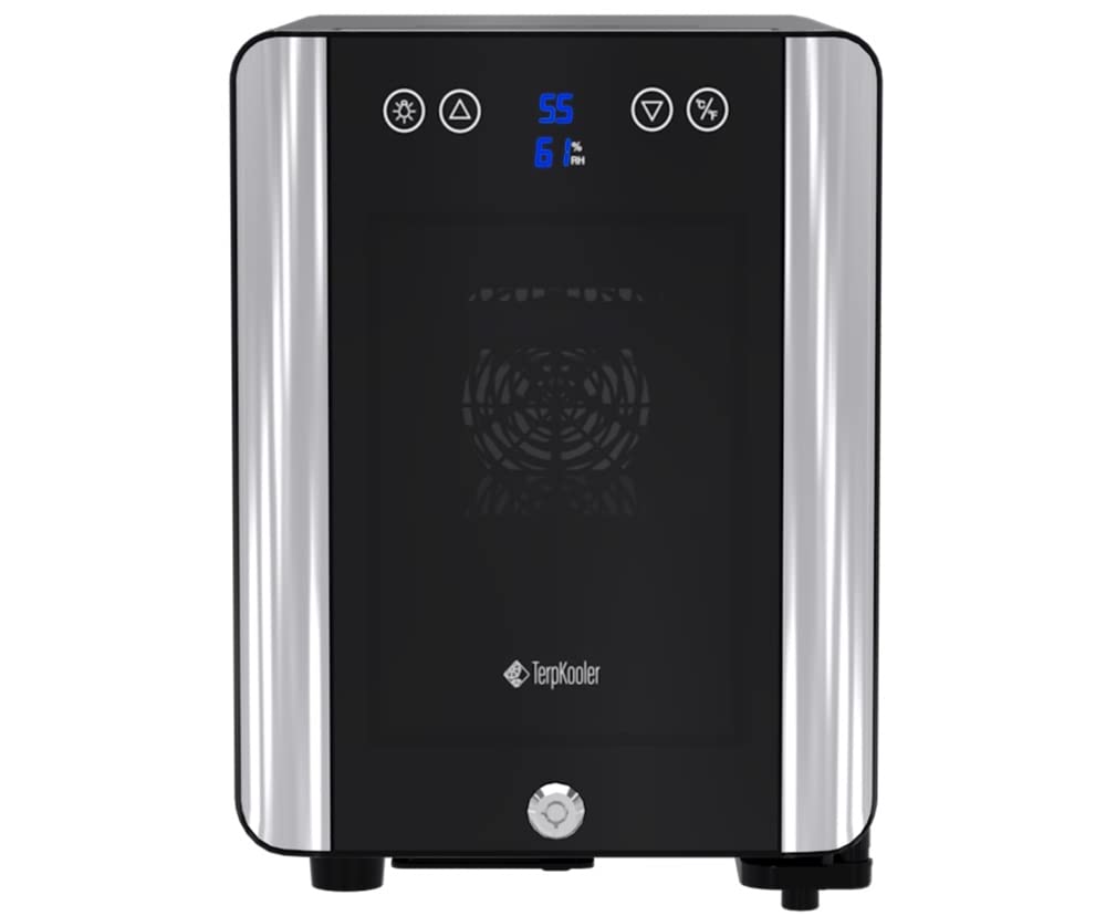 Terpkooler Essential Cooler Compact Portable Mini Fridge with Temp & Humidity Control, 3 USB Ports, Smoked Glass Shelves, Lockable UV Glass Door for Herbs, Oils, Cosmetics, and More