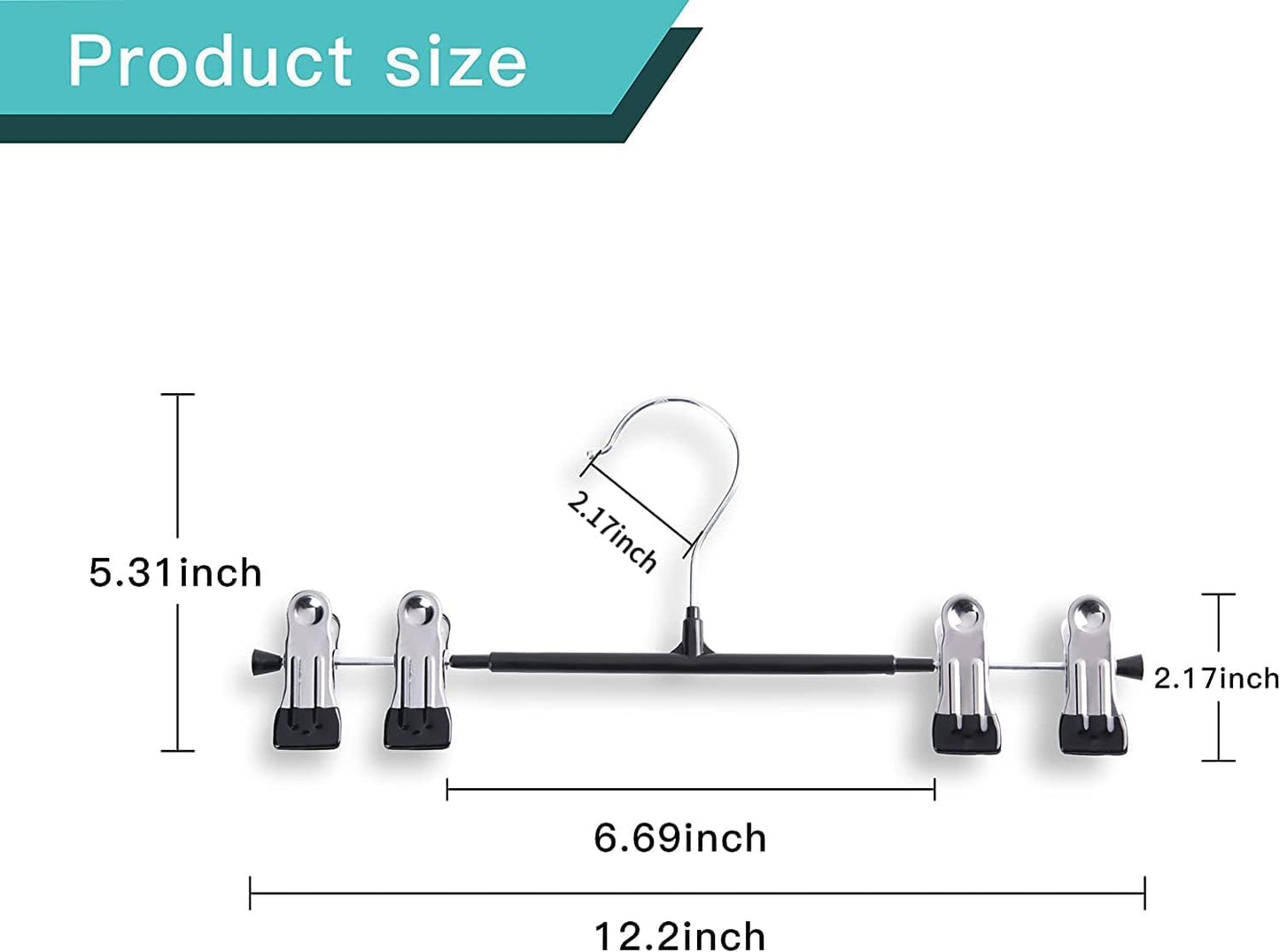 Skiennix Pants Hangers with Clips - Adjustable Heavy Duty Non-Slip Design | 20 Pack, Black, 12 Inch