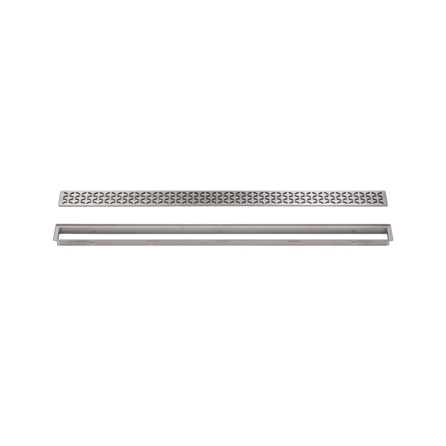 Schluter Kerdi-Line Brushed Stainless Steel Grate Assembly for Tile and Stone Coverings - Adjustable, Floral Design - 29/32" Frame, 35-7/16" Length - KL1IFE23EB90