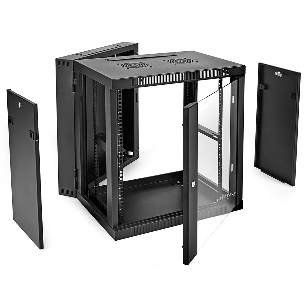 NavePoint 12U Cabinet with Hinged Back - 17.7” Deep, Server Rack Enclosure with Locking Glass Door, Wall Mount Rack with Removable Side Panels, Network Cabinet with 2 Fans, Assembled