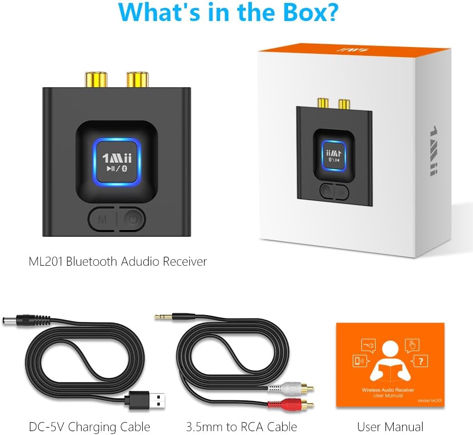 1Mii 5.1 3.5mm 12hrs Bluetooth Receiver for Home Stereo, Bluetooth Audio Adapter with RCA, Wireless Hi-Fi Music