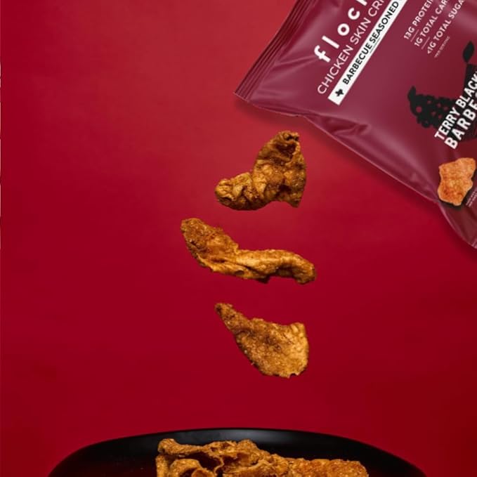Flock Keto Chicken Skin Chips | Terry Black's BBQ Flavor | Low Carb, High Protein, Sugar Free, Gluten Free Fried Chicken Skins for People | (2.5oz) 4-Pack Crispy Flock Chips