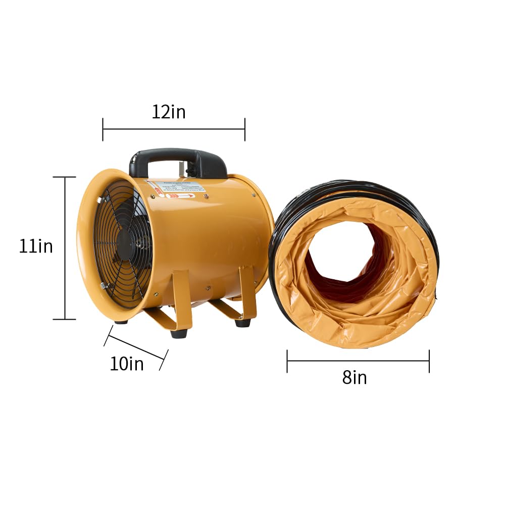 ONNAO Utility Blower Fan 8 inch Ventilator 3300RPM Extractor Industrial 1500 m3/h High Velocity Portable Ventilation Fan with 16 ft Flexible Duct Hose