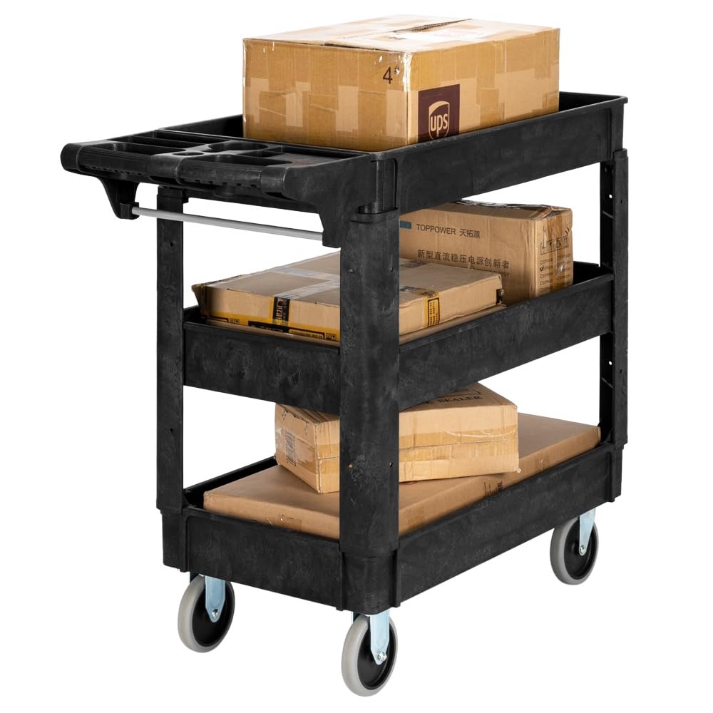 LEADZM 3-Shelf Plastic Service Utility Cart, Steady & Durable Tub Cart with Deep Shelves, Large Capacity, Multi-Function Handle Storage and 360°Flexible Wheels with Braker, Great for Warehouse/Garage