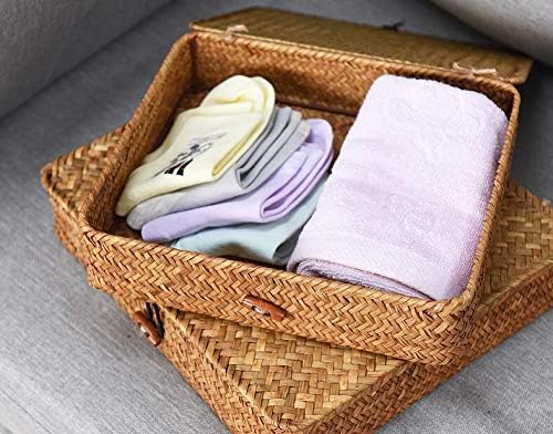 Seagrass Storage Basket Set - Rectangular Woven Bins with Lid for Organizing Snacks & Toys | Natural Finish (Large & Small)