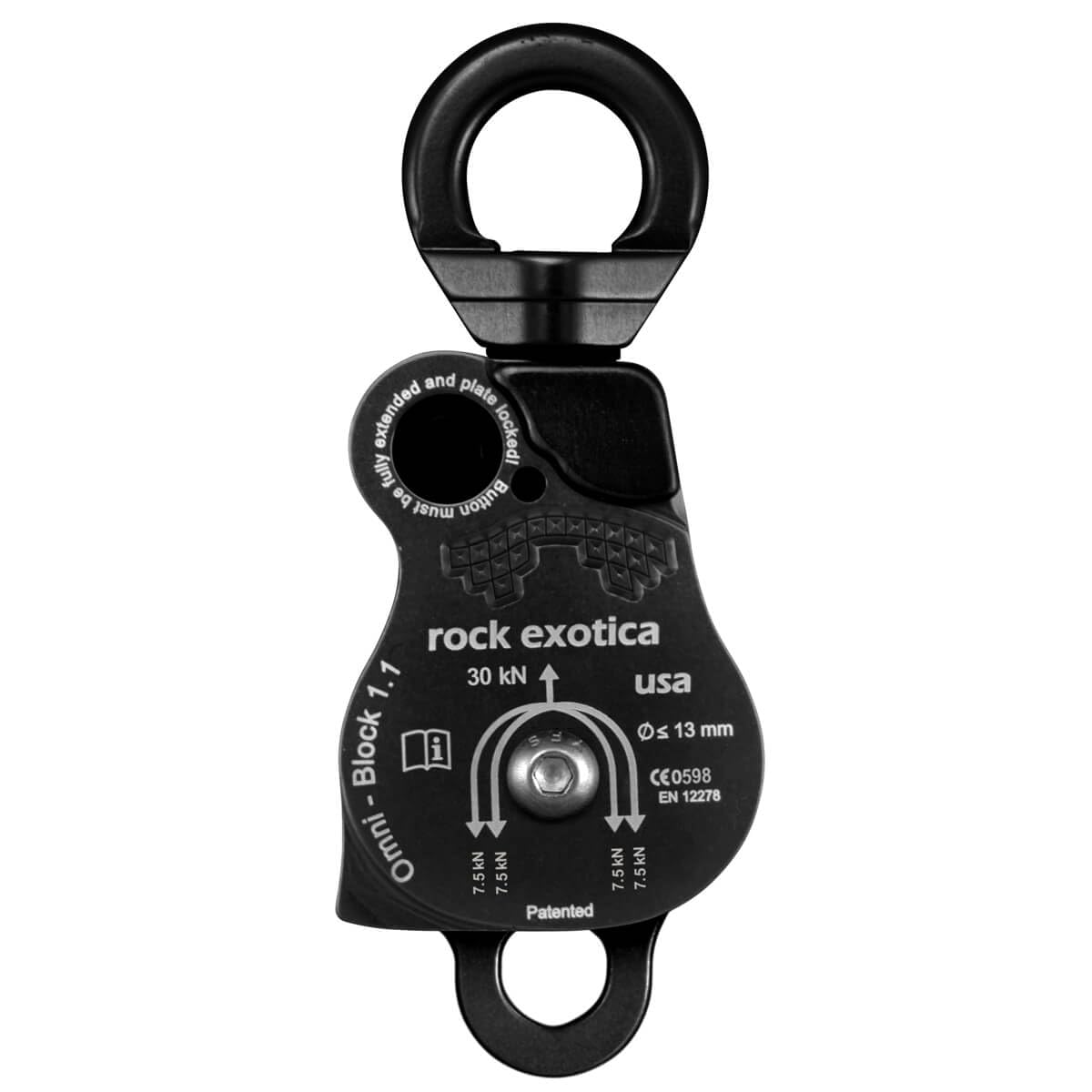 Rock Exotica Omni-Block 1.1" Double Swivel Pulley (Black) – High-Strength Swivel Pulley with Sideplate Access for Rigging – Made in the USA