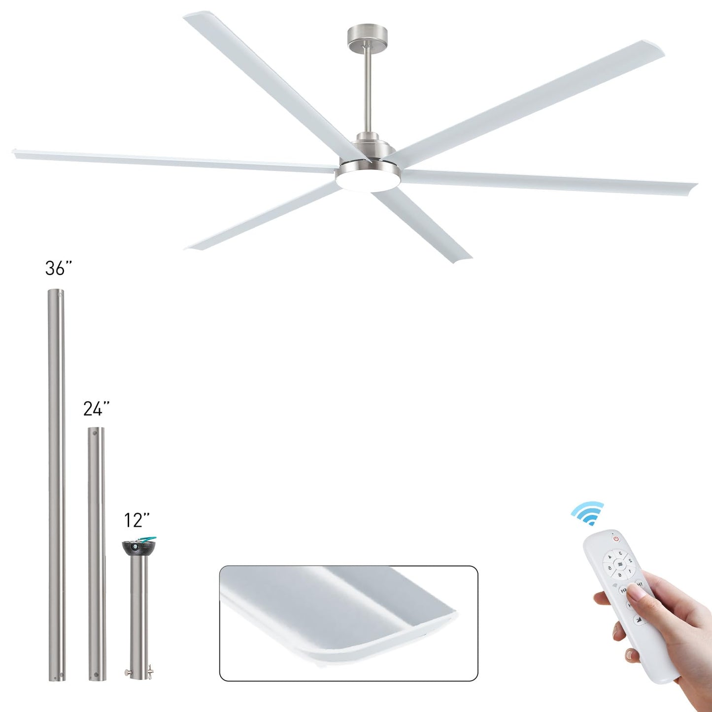 100 Inch Large Industrial HVLS Ceiling Fan with Light and Remote,High CFM Ceiling Fan with 6 Brushed Nickel Double-Layer Aluminum Blades and 12/24/36in Downrod,Quiet DC Motor Outdooor Fan for Patio