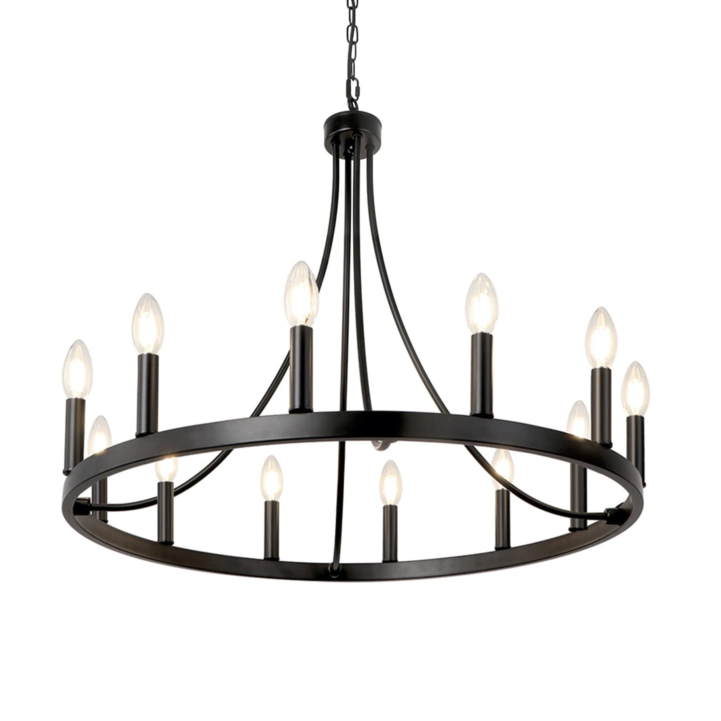 LynPon Black Wagon Wheel Chandelier, 12 Lights Rustic Farmhouse Dining Room Light Fixtures, Diam 27 Inch Round Chandeliers Industrial Hanging Light Fixture for Living Room Kitchen Foyer Entryway