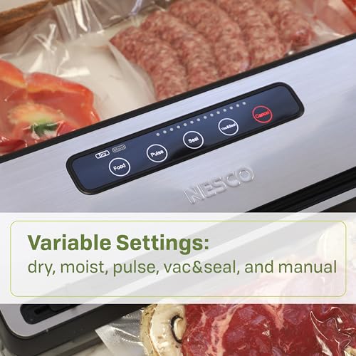 Nesco Preserve Plus Vacuum Sealer | Dry & Moist Modes | Built-in Bag Cutter & Roll Storage | 11.8" Seal Width | Includes 2 Rolls