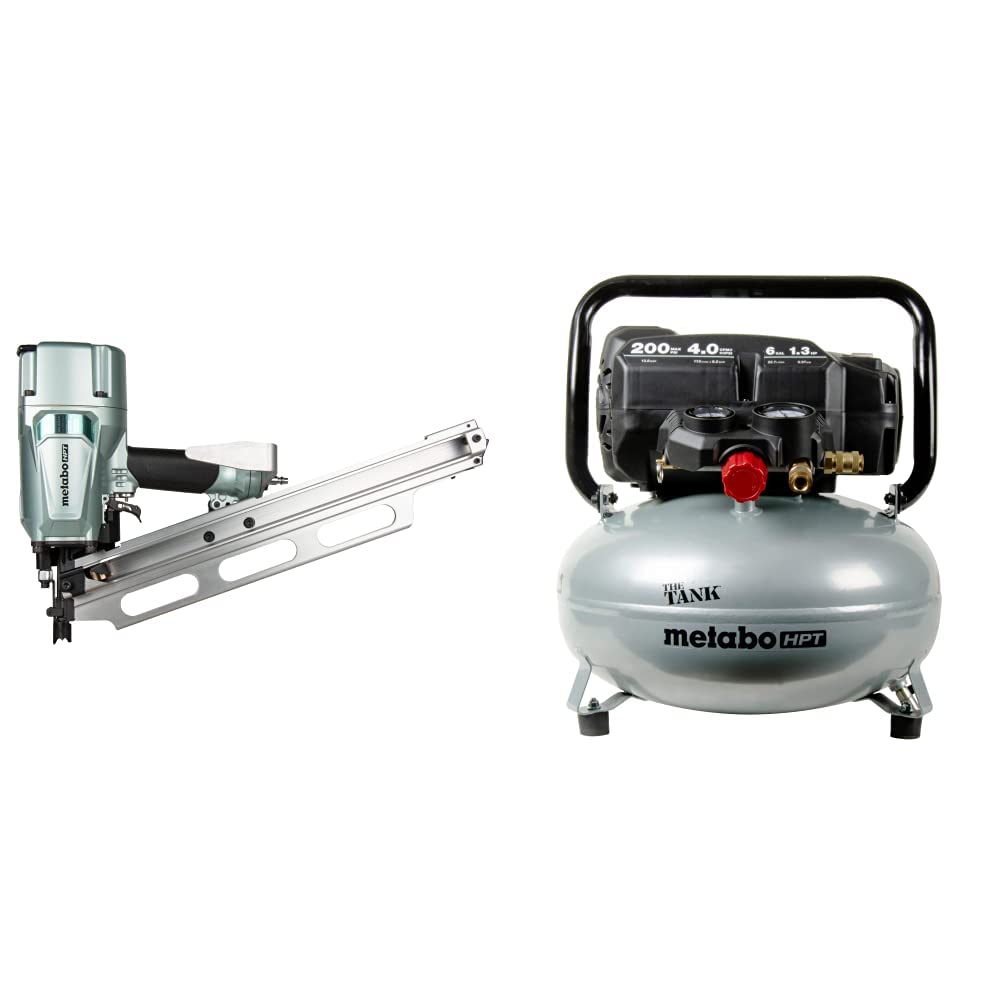 Bundle of Metabo HPT Framing Nailer | High Grade Aluminum Magazine | NR83A5(Y) + Metabo HPT Air Compressor | THE TANK™ | 200 PSI | 6 Gallon | Pancake | EC914S