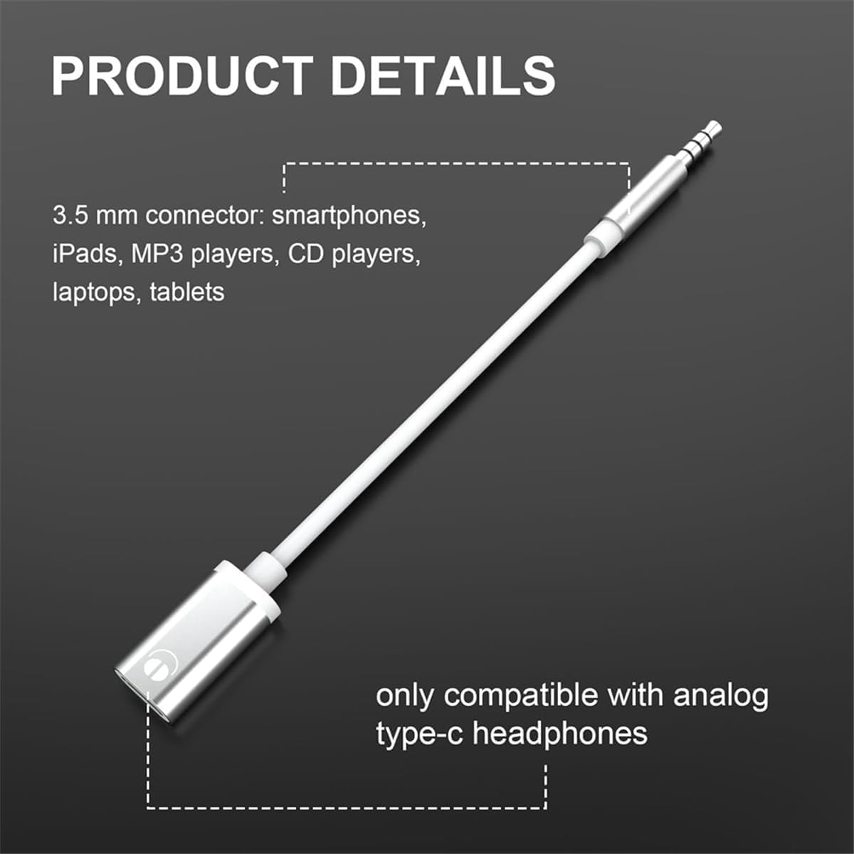 Tiosen 3.5mm MP3 Male to Type-C Female Audio Adapter Cable, White, Compatible with Smartphones, Players, Laptops