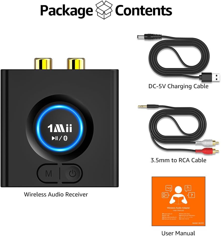 1Mii 12H 5.1 Bluetooth Receiver for Home Stereo, Wireless AUX & RCA Adapter, Dual Device Pairing, Playtime, Bass Boost