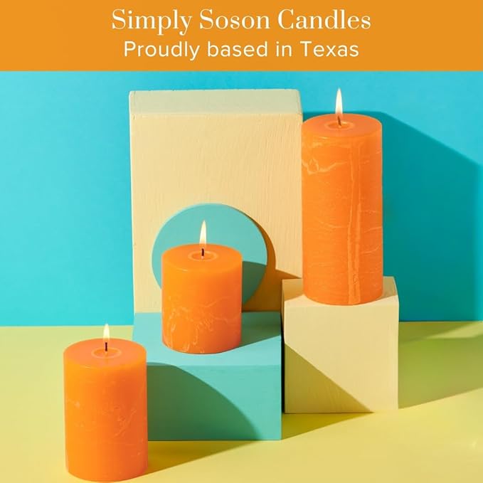 Simply Soson 3x4 inches Orange Candles & Fall Set, Rustic Texture Dripless Pillar Candles, Set of 3