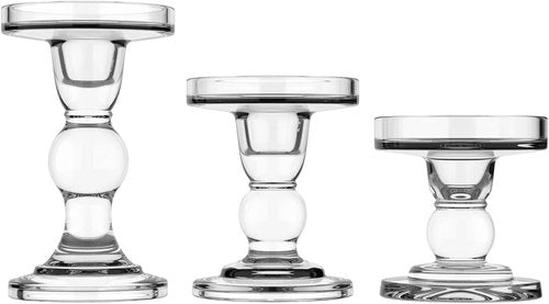 Lewondr Glass Candle Holders - Elegant 3-Piece Crystal Clear Set for Pillar & Taper Candles | Home Décor