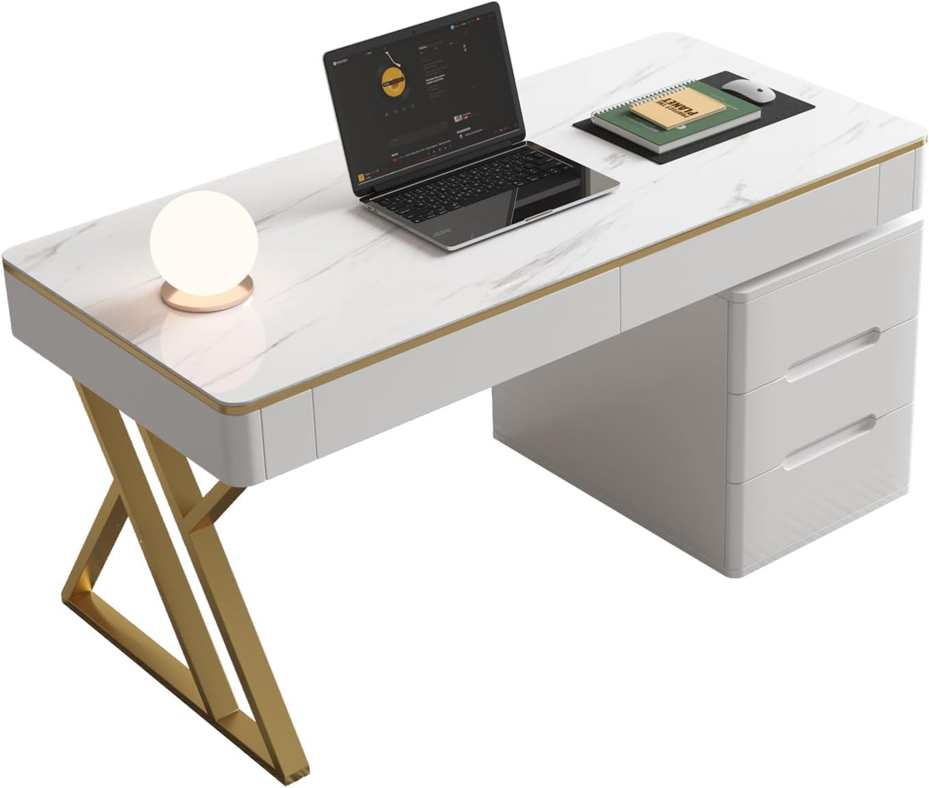 Dongge Wooden Computer Office Desk with Drawers for Home Office - White Gaming Desk with Tempered Glass Top - Thickened Lacquered PC Desk and Writing Desk - Escritorios para Computadoras (Z-105)