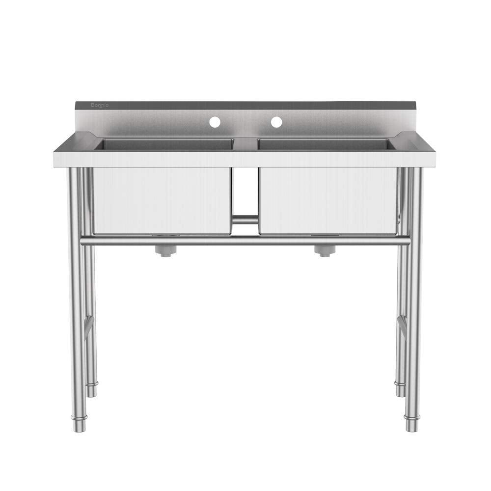Bonnlo Commercial 304 Stainless Steel Sink 2 Compartment Free Standing Utility Sink for Garage, Restaurant, Kitchen, Laundry Room, Outdoor, 35.8" W x 21.3" D x 40" H