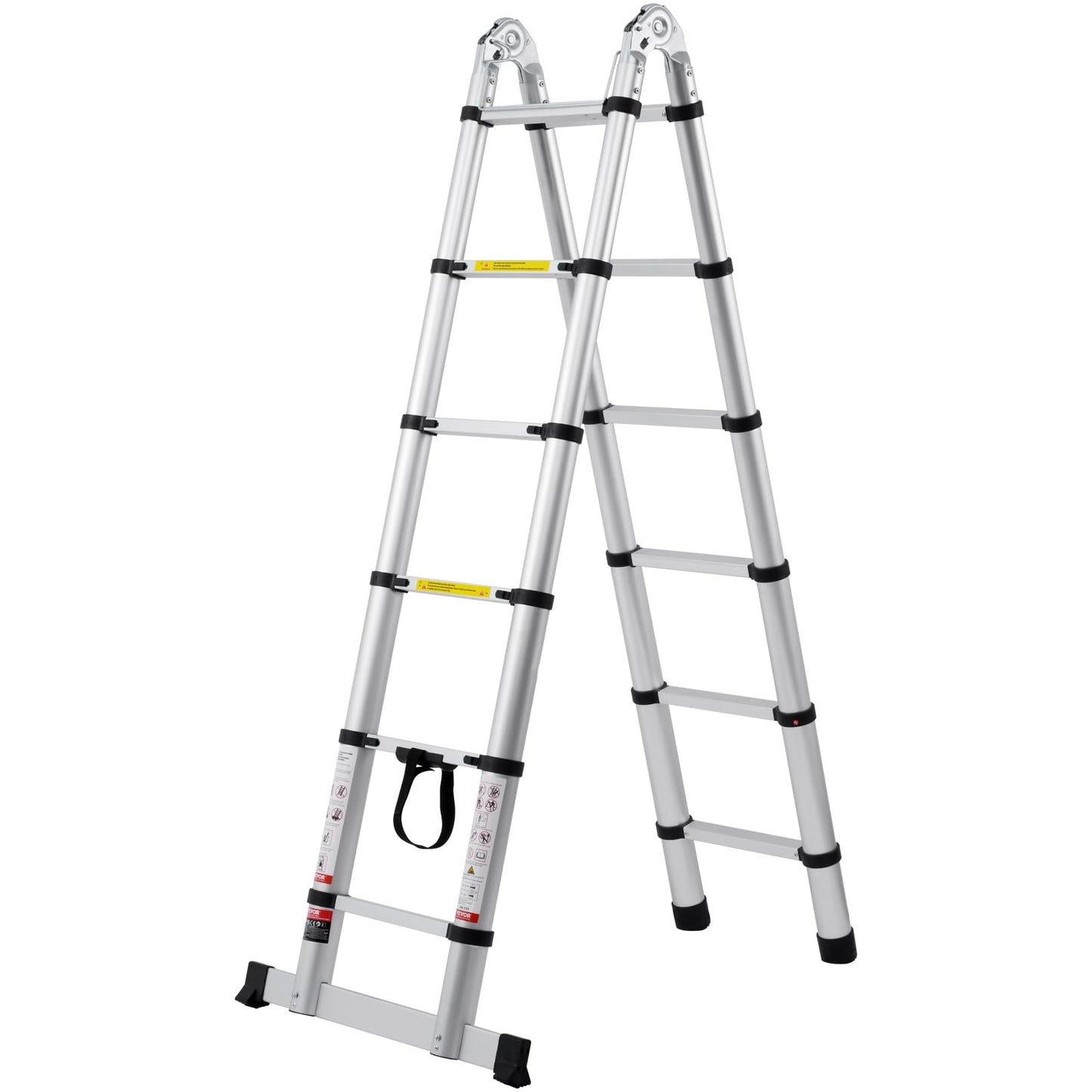 VEVOR 12.5FT Aluminum Telescoping A-Shape Extension Ladder, 375 LBS Capacity Lightweight, Multi-Button Retraction Collapsible Multi-Purpose Ladder with Stabilizer Bar for RV & Camper
