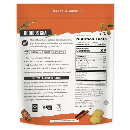 Numi Tea - Organic Rooibos Chai Tea Latte Powder – Rooibos Chai Latte Mix with Cinnamon, Cardamom & Cloves – Caffeine Free, Vegan & Gluten Free, 3.5 oz (Makes 19 Cups)
