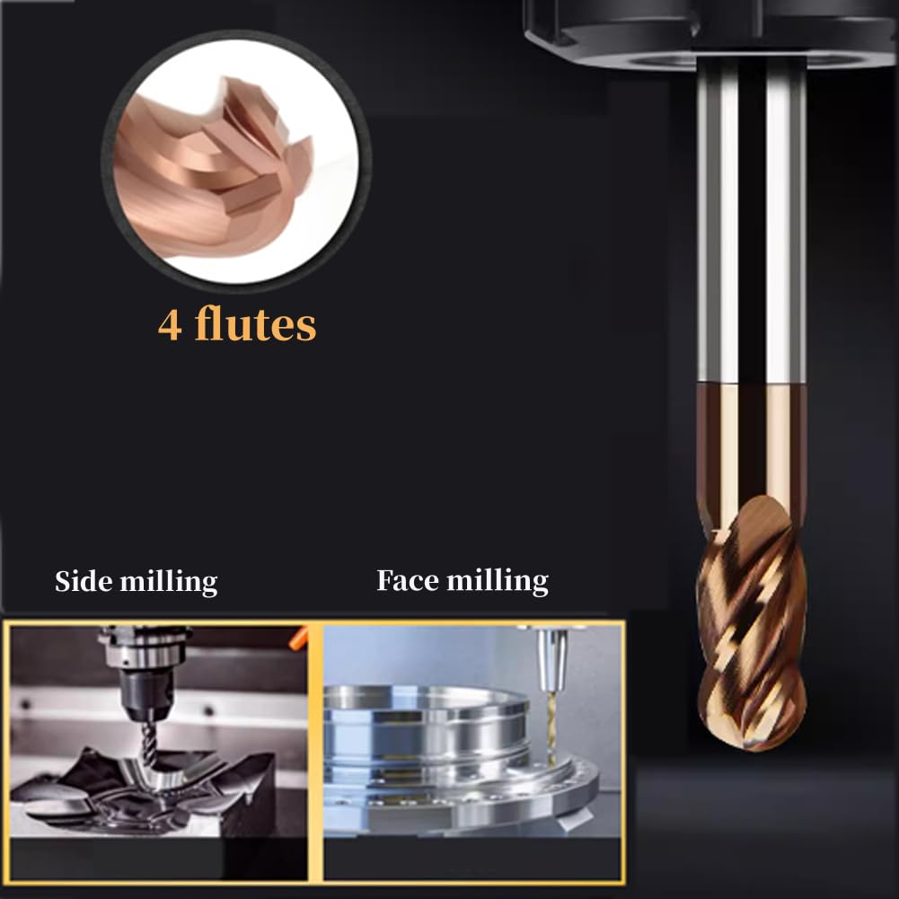 LAHDYFHOE2 Pcs 4 Flutes Carbide 3/4” Dia 3/4'' Shank Ball Nose End Mill, 4-Edge CNC Milling Bits Cutter Iron-HRC55 - TISIN Coated Bits Set CNC Router Bits