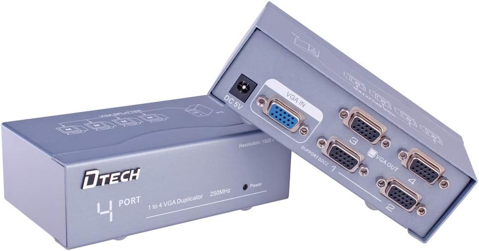 DTECH 4 1 Powered Port VGA Splitter Box Video Distribution Duplicator for PC to Multiple Monitors Projector