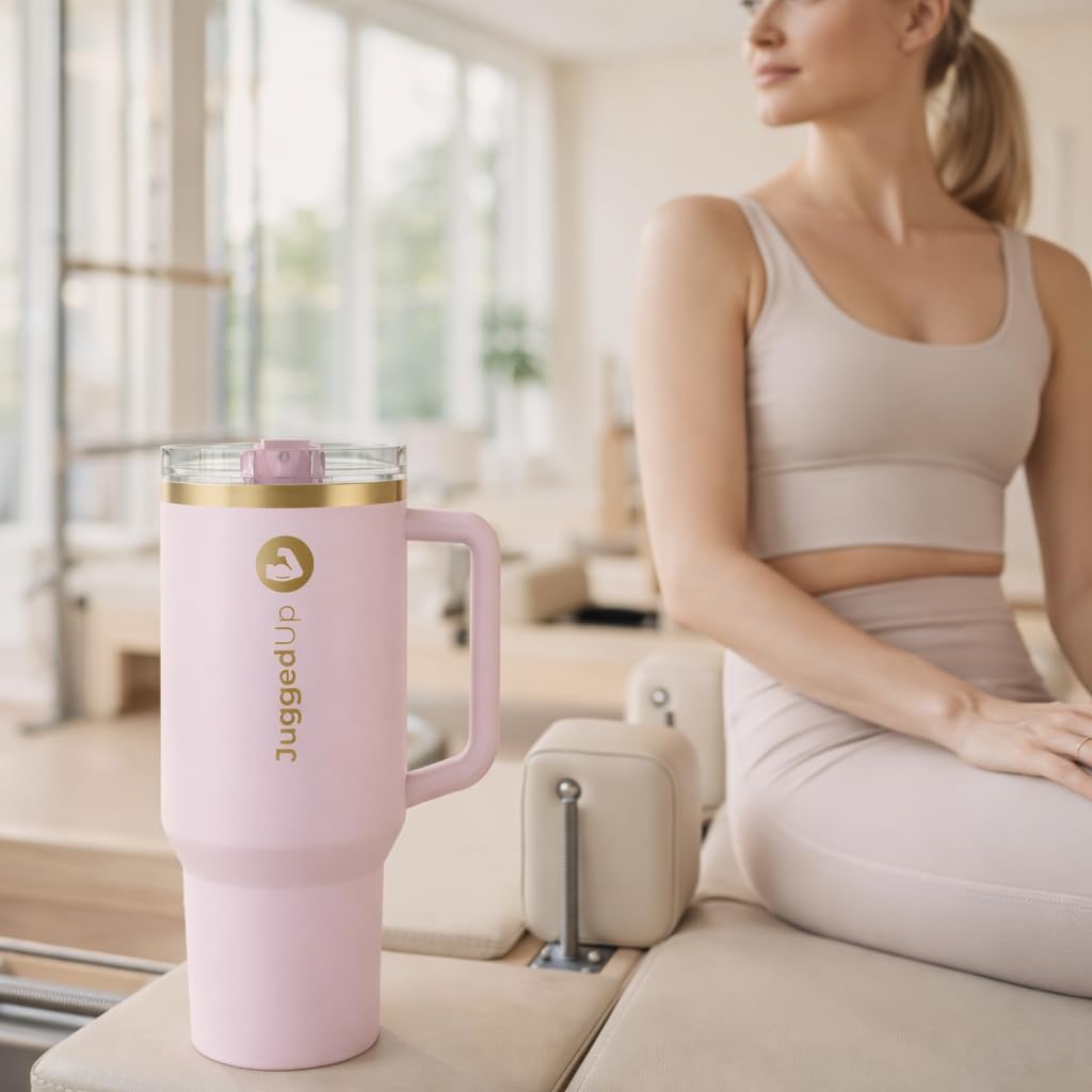 Skiennix 40oz Insulated Stainless Steel Tumbler - Leak-Proof Travel Mug with Handle & Flip Straw Lid | BPA-Free, Blush Gold