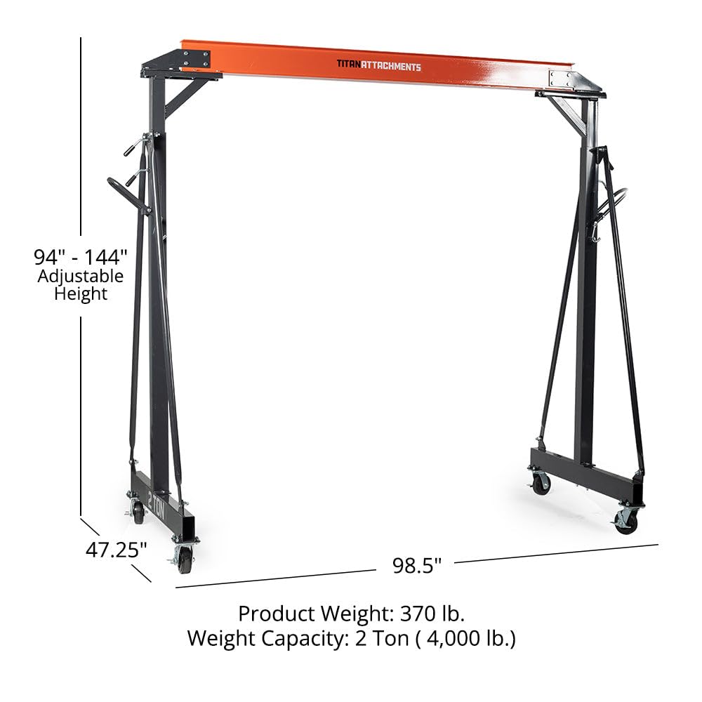 Titan Attachments Adjustable Gantry Crane, 2 Ton Capacity, Shop Lift Hoist Rated 4,000 LB, Portable Design with Locking Wheels, Adjustable Height up to 12 FT, Durable Steel Construction, Frame Only