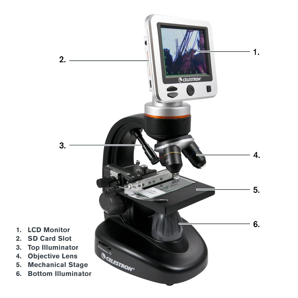 Celestron – LCD Digital Microscope II – 3.5" Screen – 5MP Camera – 40x–1600x Magnification – Rotating Head – SD Card Included – TV Output – Ideal for Slides, Labs, Classrooms, Biology, Education