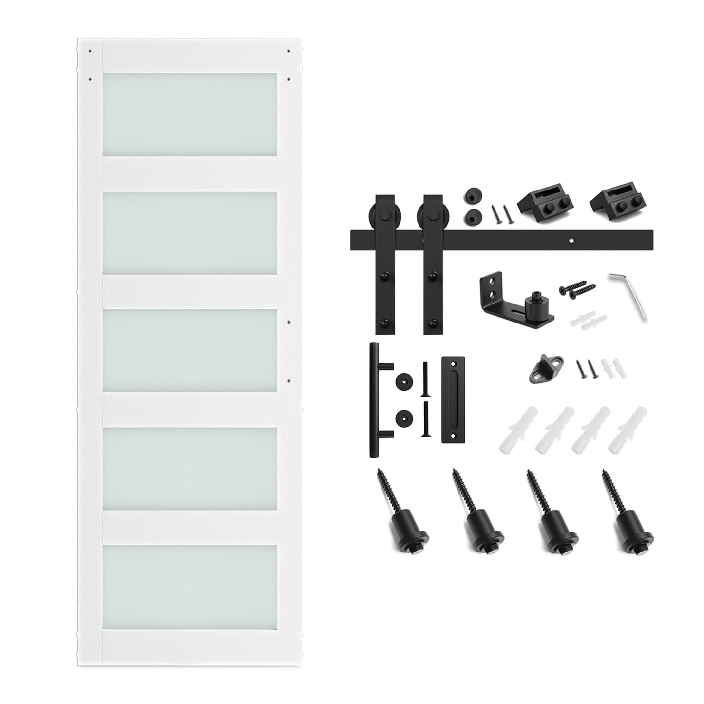 SmartStandard 30 x 96 in Glass Barn Door with 5FT Sliding Hardware Kit & Handle, Pre-Drilled Ready to Assemble, Waterproof PVC Coating, White, 5-Panel Glass