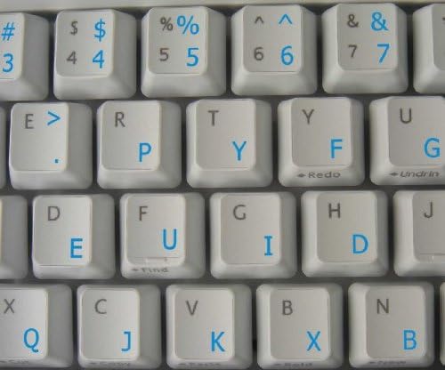 4Keyboard Dvorak Simplified Keyboard Stickers with Blue Lettering ON Transparent Background
