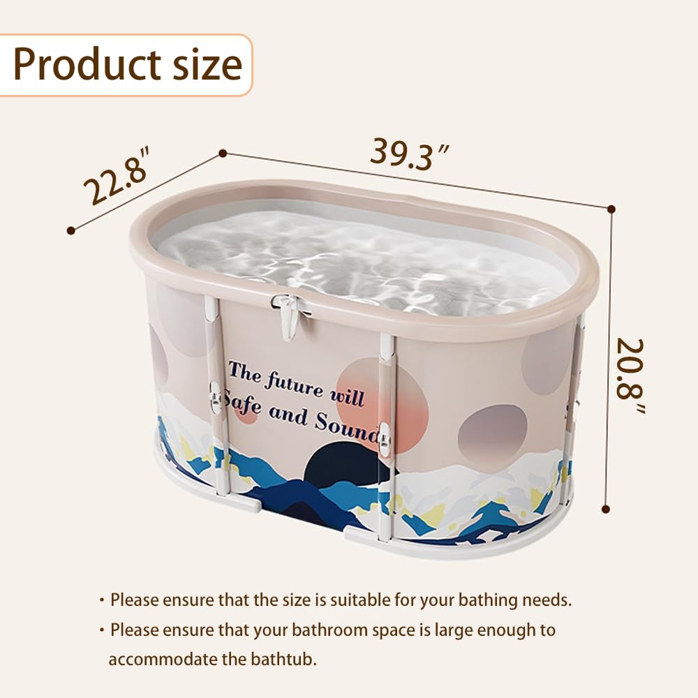 Genrenyen Ice Bath Tub No Installation 39" Oval Portable Bathtub for Shower Stall, Foldable Hot Cold Plunge Tub for Adults, Folding Large Baths at Home Outdoor Indoor (Blue, 39.3"×22.8"×20.8")