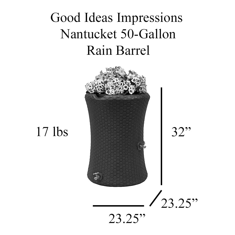 Good Ideas Impressions 50 Gallon Nantucket Outdoor Home Rain Barrel Water Storage Collector with Garden Planter and Brass Spigot, Dark Brown