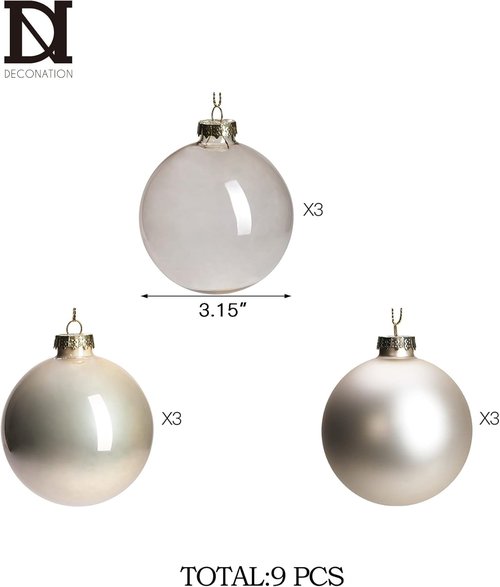 DN DECONATION Glass Christmas Ornaments - Set of 9 Champagne Baubles for Tree Decoration | 3.15” Size