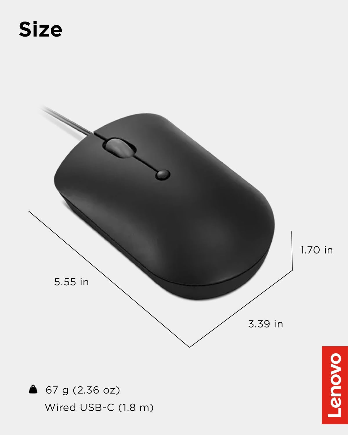 Lenovo 400 USB-C Compact Wired Mouse - Portable Black Design for Notebooks & Monitors