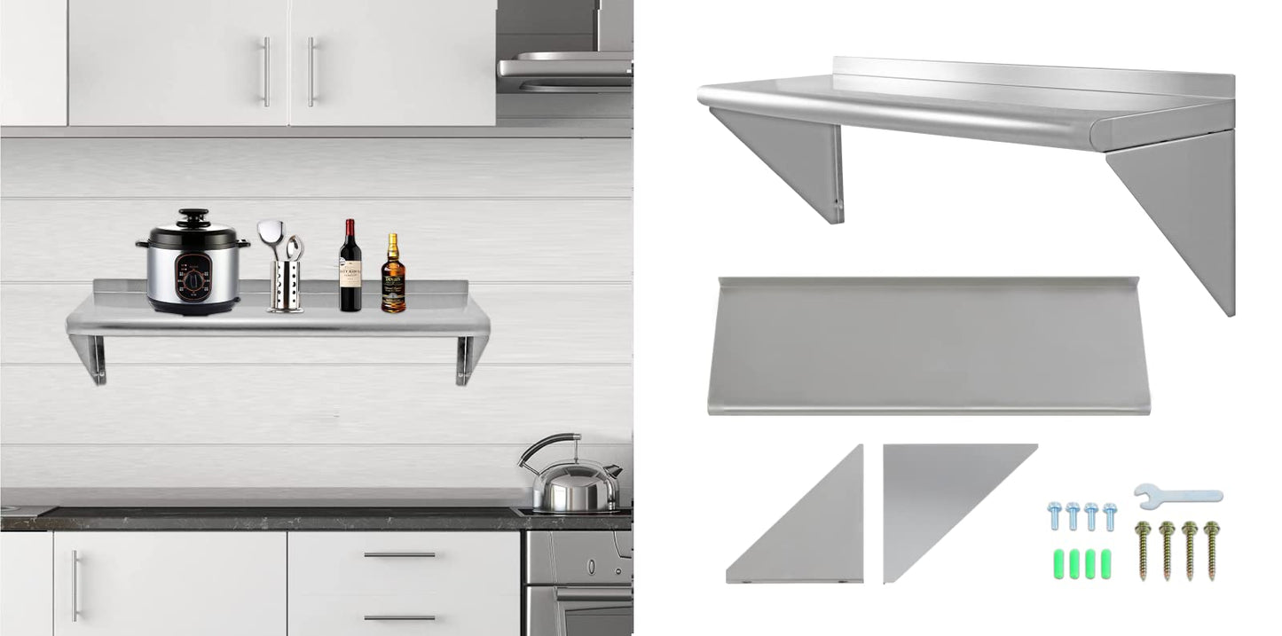 STEELBUS 12''x36'' - 2PACKS Wall Mounted Stainless Steel Shelf NSF Commercial Metal Wall Mount Floating Shelving for Kitchen, Restaurant, Food Truck,Garage,Washrooms,Home&Hotel