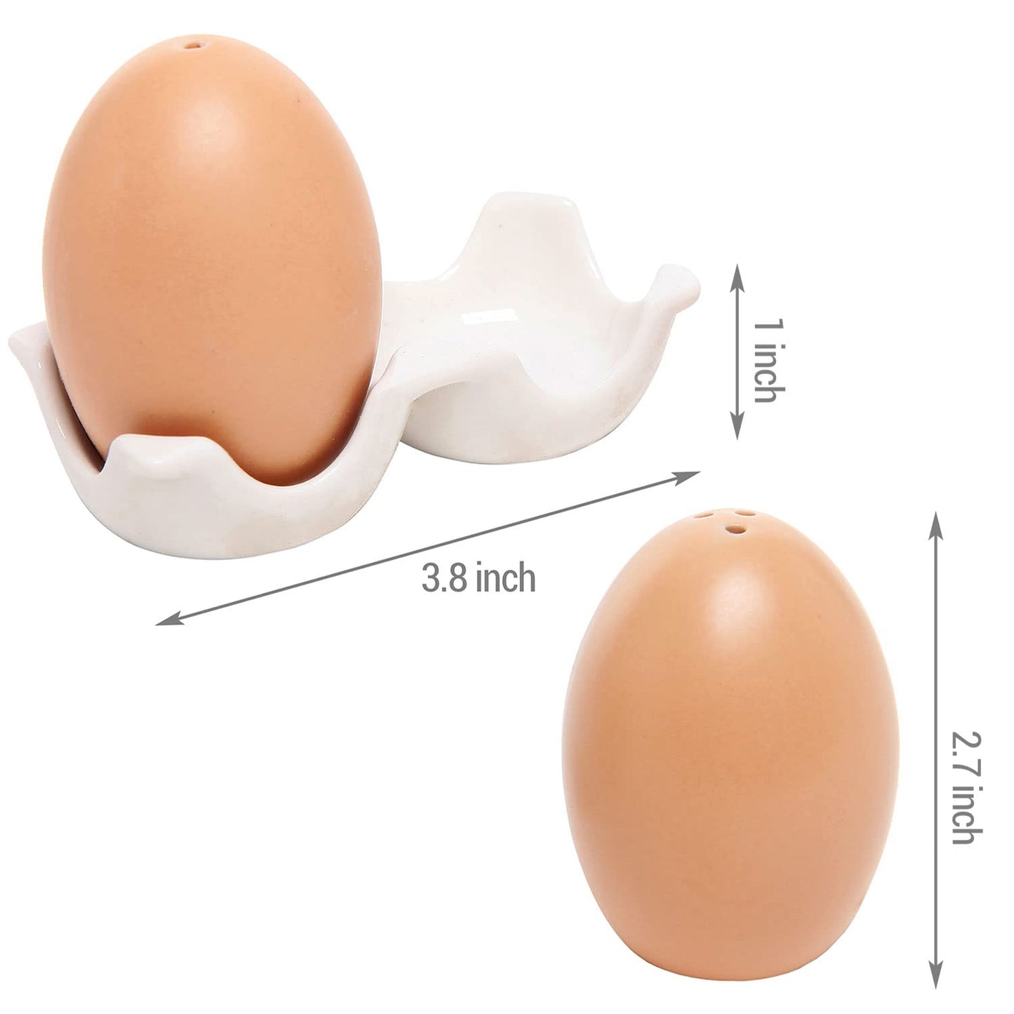 MyGift Ceramic Salt and Pepper Shaker Set, Mini Brown Egg Shaped Shakers with Carton Design Holding Stand, 3 Piece
