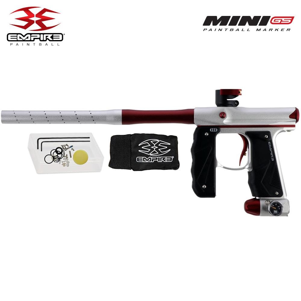 Maddog Empire Mini GS Electronic Full Auto Paintball Gun Marker w/ 48/3000 HPA Paintball Tank & Empire Halo Too Electronic Paintball Loader Starter Package - Dust Silver/Red - 2pc Barrel