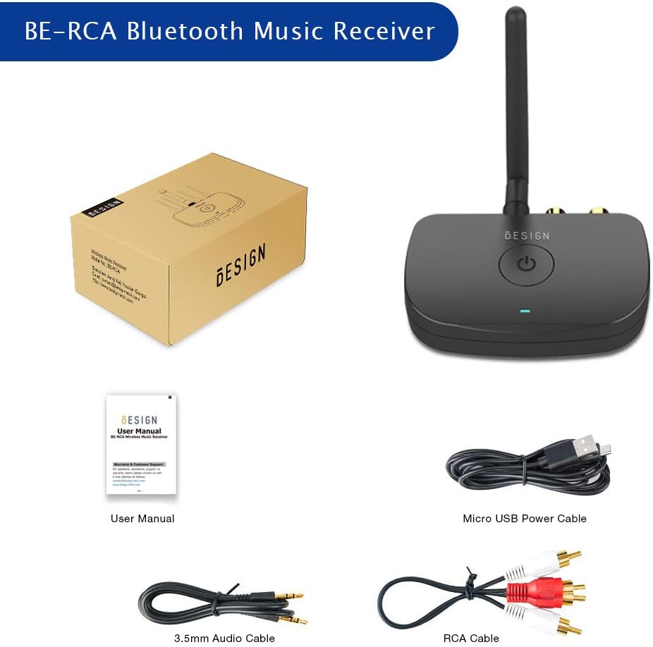 BESIGN BE-RCA Long Range Bluetooth Music Receiver, Wireless Audio Adapter for Wired Speakers or Home Music Streaming