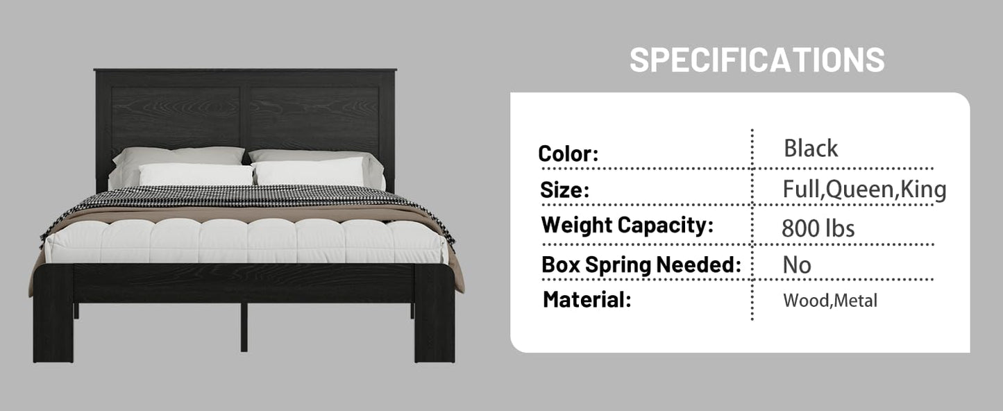 Full Size Wood Platform Bed Frame with Metal Structure, Industrial Style Bed with Wood Slats Support, No Box Spring Needed, Noise-Free Design, Large Underbed Storage, Easy Assembly, Dark Brown