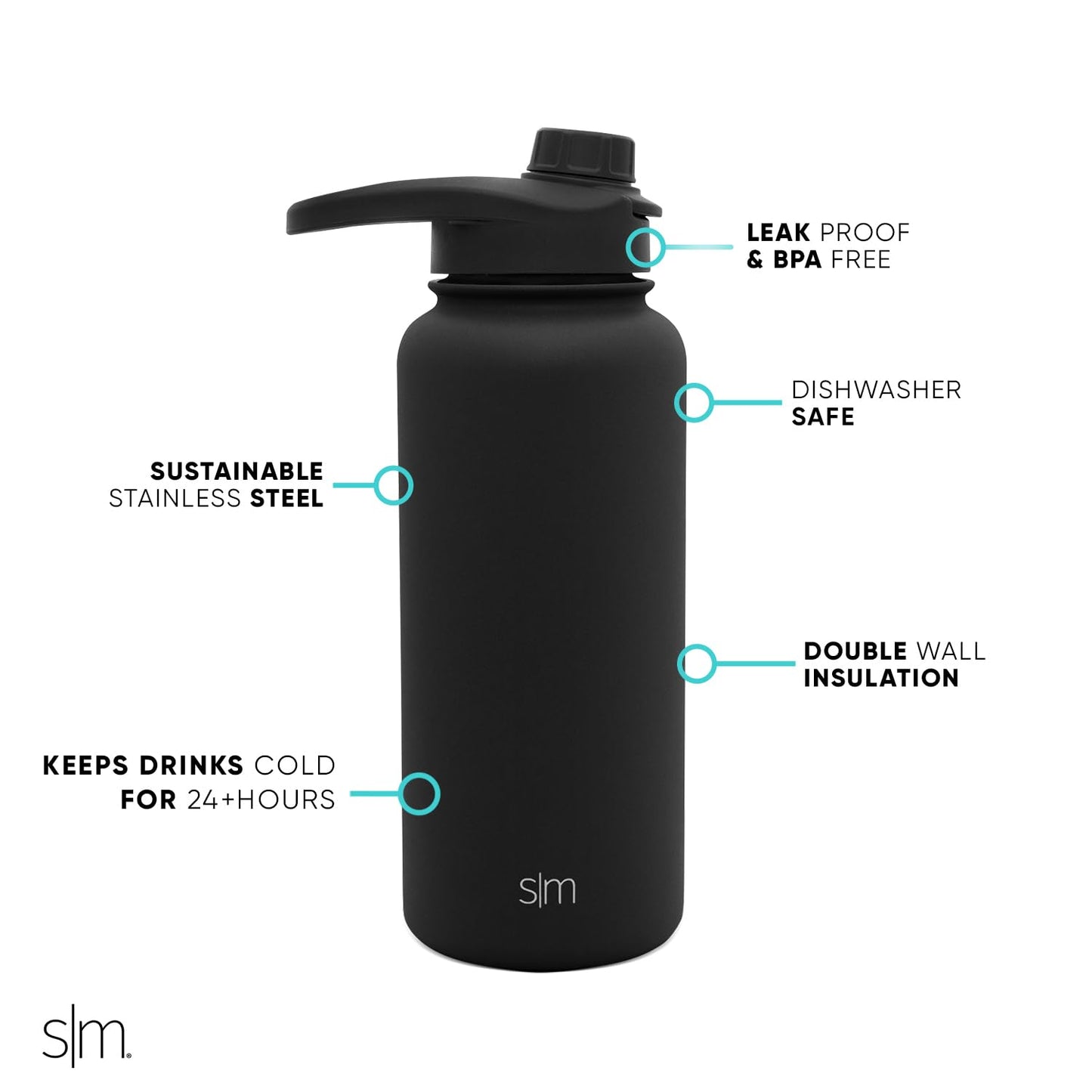 Simple Modern Water Bottle with Chug Lid Vacuum Insulated Stainless Steel Metal Thermos Bottles | Reusable Leak Proof BPA-Free Flask for Sports | Summit Collection | 32oz, Midnight Black