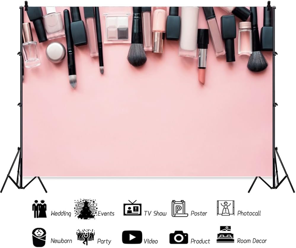 XMJJKUF 8x6.5ft Set Polyester Makeup Tools Backdrop Pink Makeup Backdrop Brush Lipstick Eyeshadow Photography