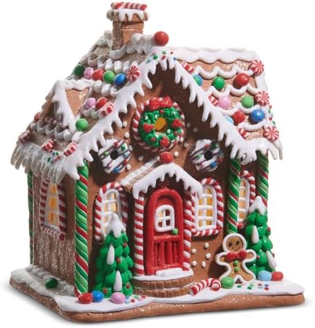 RAZ Imports Lighted Gingerbread House Figurine - 10-Inch Clay Dough Decoration for Holiday Cheer