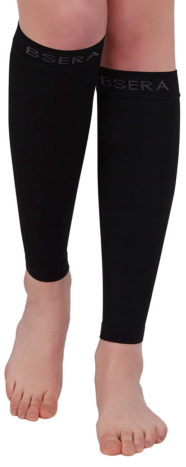 BSERA Calf Compression Sleeve Women, 2 Pairs 15-20mmHg Calf Support Footless Compression Socks Stockings for Shin Splints, Varicose Veins, Recovery (Black, Large)
