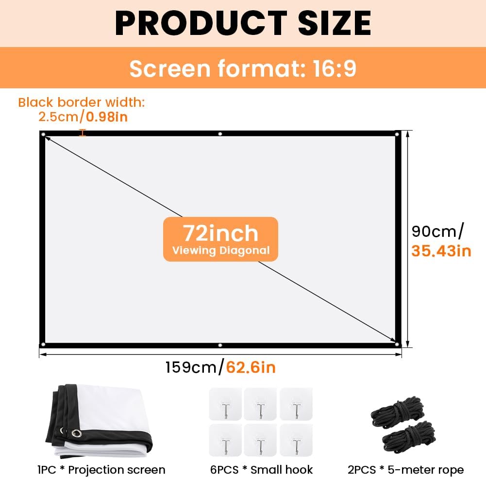 StepOK 16:9 60"|72"|84"|100"|120"|150" (72 inch Projector Screen, White Projector Screen, No Crease Home Theater