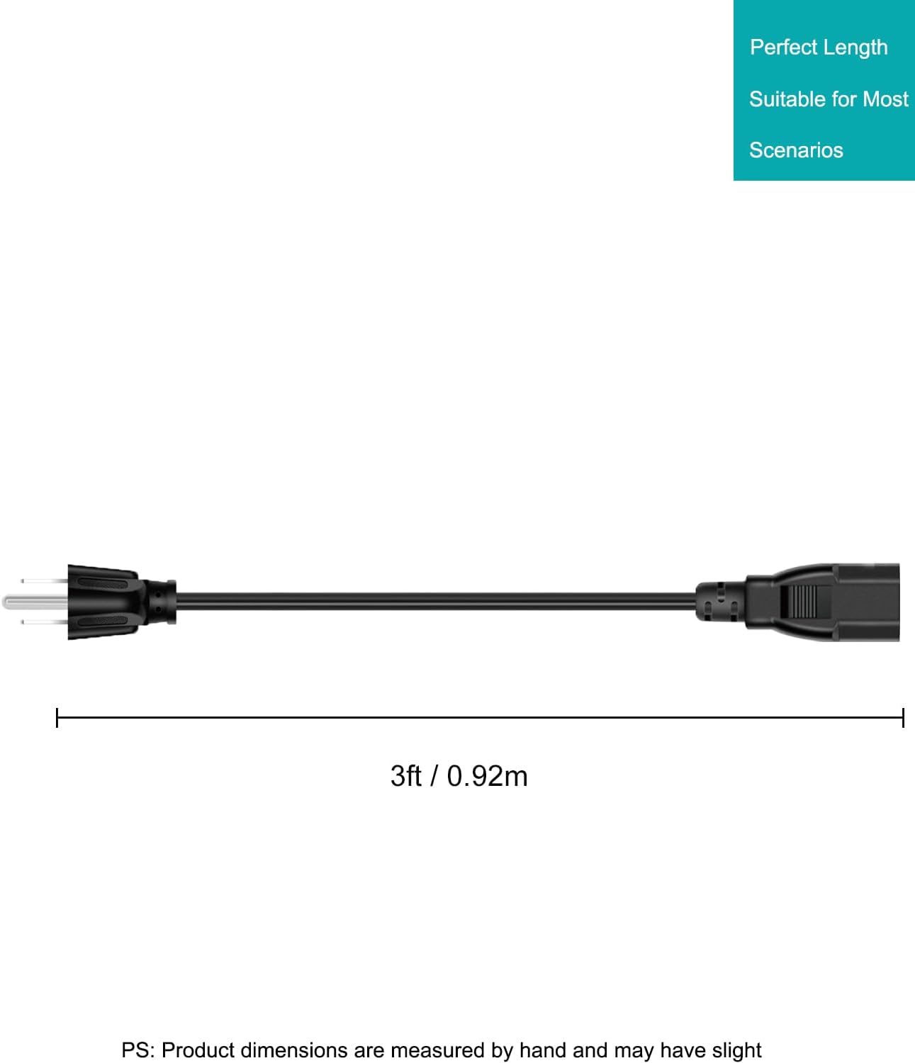 Narpendu 3-Prong 3 (0.92 Universal AC Power Cable for Computers, TVs, Monitors & More, Feet Meters), Black