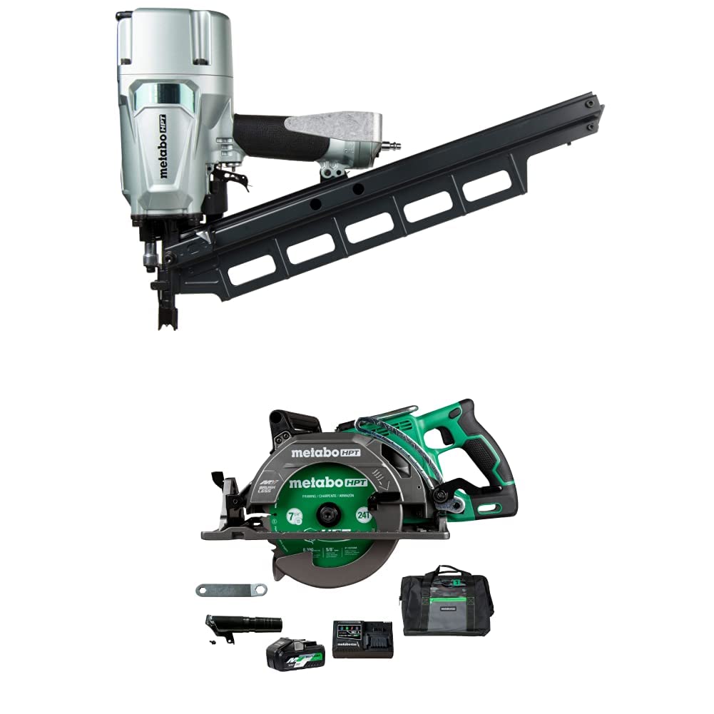 Metabo HPT Framing Nailer | Pneumatic (NR83A5) w/Metabo HPT 36V MultiVolt™ Cordless Rear Handle Circular Saw Kit (C3607DWA)
